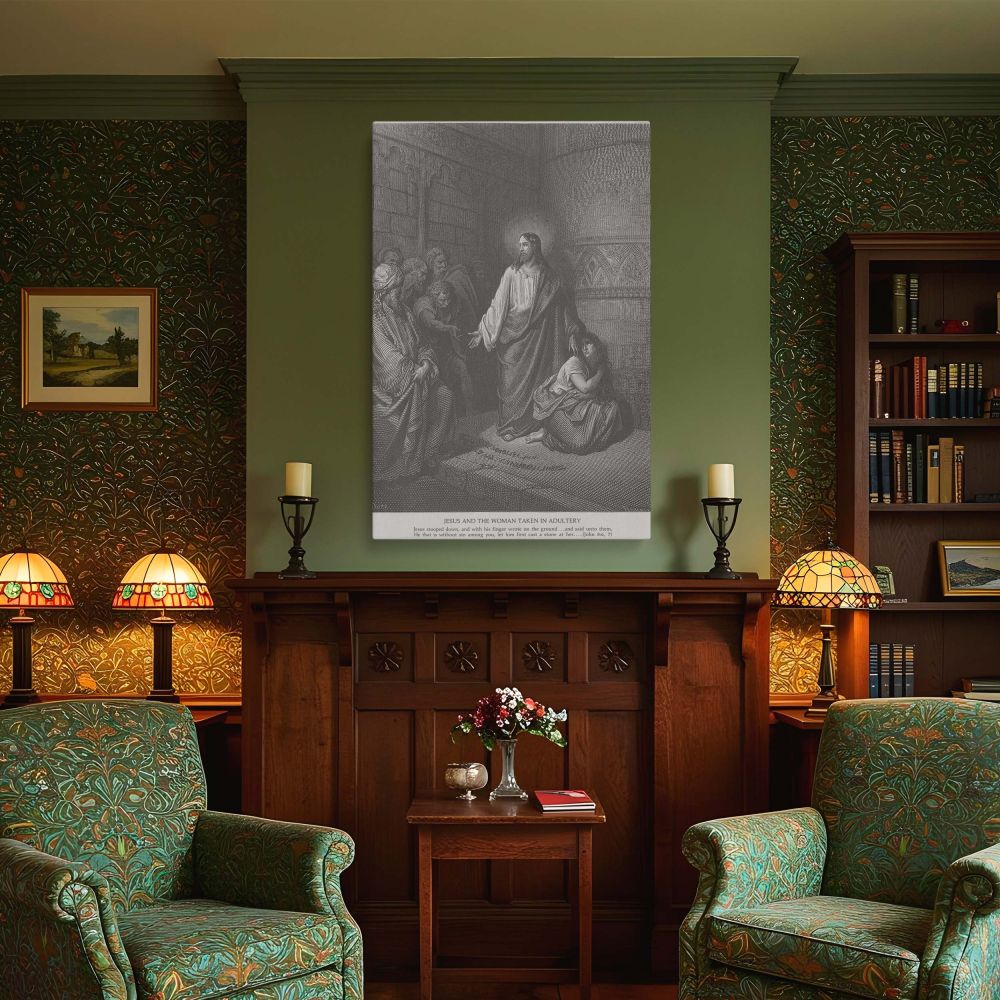 Dore's canvas wall art presents a stunning engraving of Jesus standing in moral authority between a sinful woman and a judging crowd, visually interpreting the Gospel of John with reverence-ideal for faith-based environments and contemplative Christian de