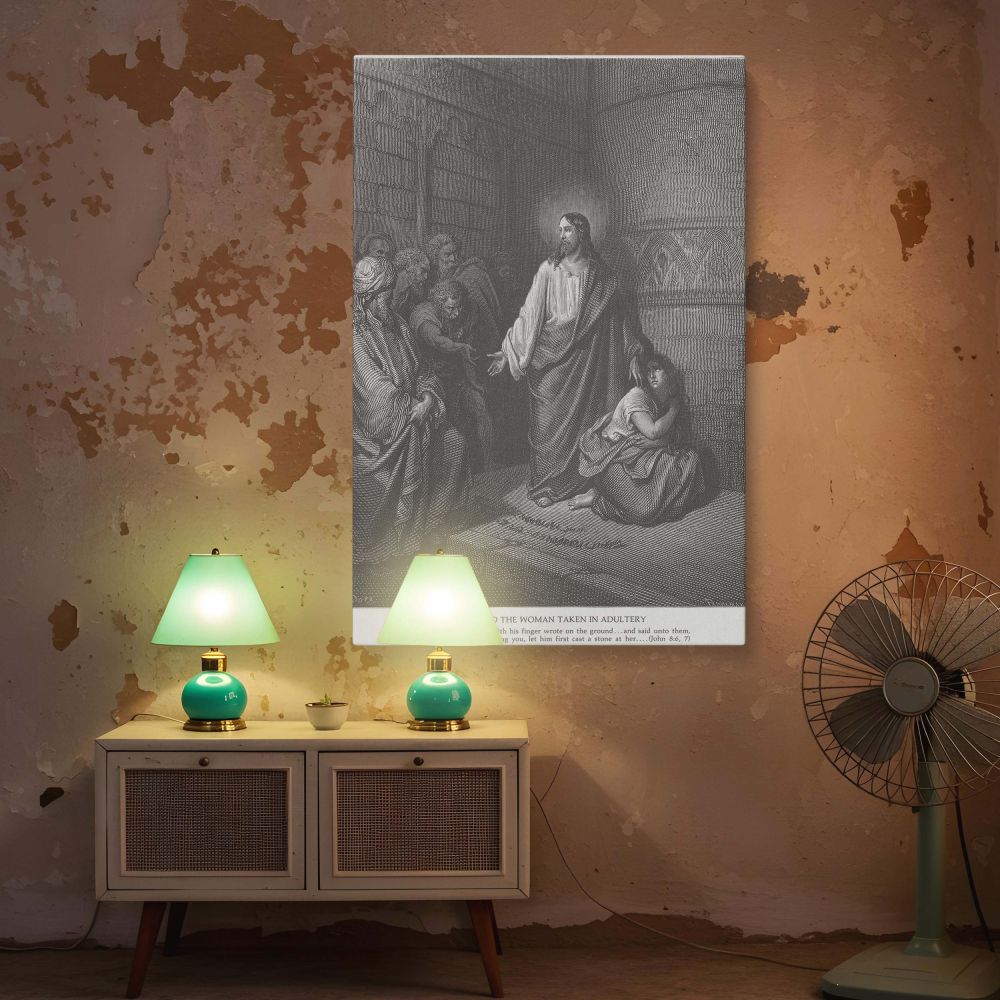 Christian canvas wall art featuring Gustave Dore's iconic depiction of a New Testament moment, where Jesus forgives the adulterous woman and confronts hypocrisy, making this a timeless scene of grace, justice, and spiritual insight for religious home deco