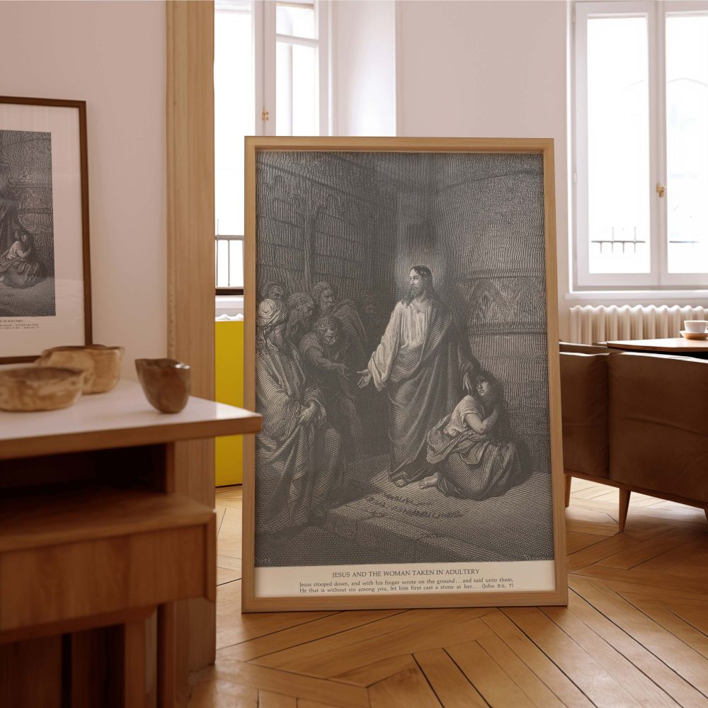High-detail Gustave Dore canvas wall art of a gospel moment of mercy where Jesus offers divine forgiveness to a woman accused by a hostile crowd, visually conveying scripture's moral lesson through classical religious art perfect for sacred and home space