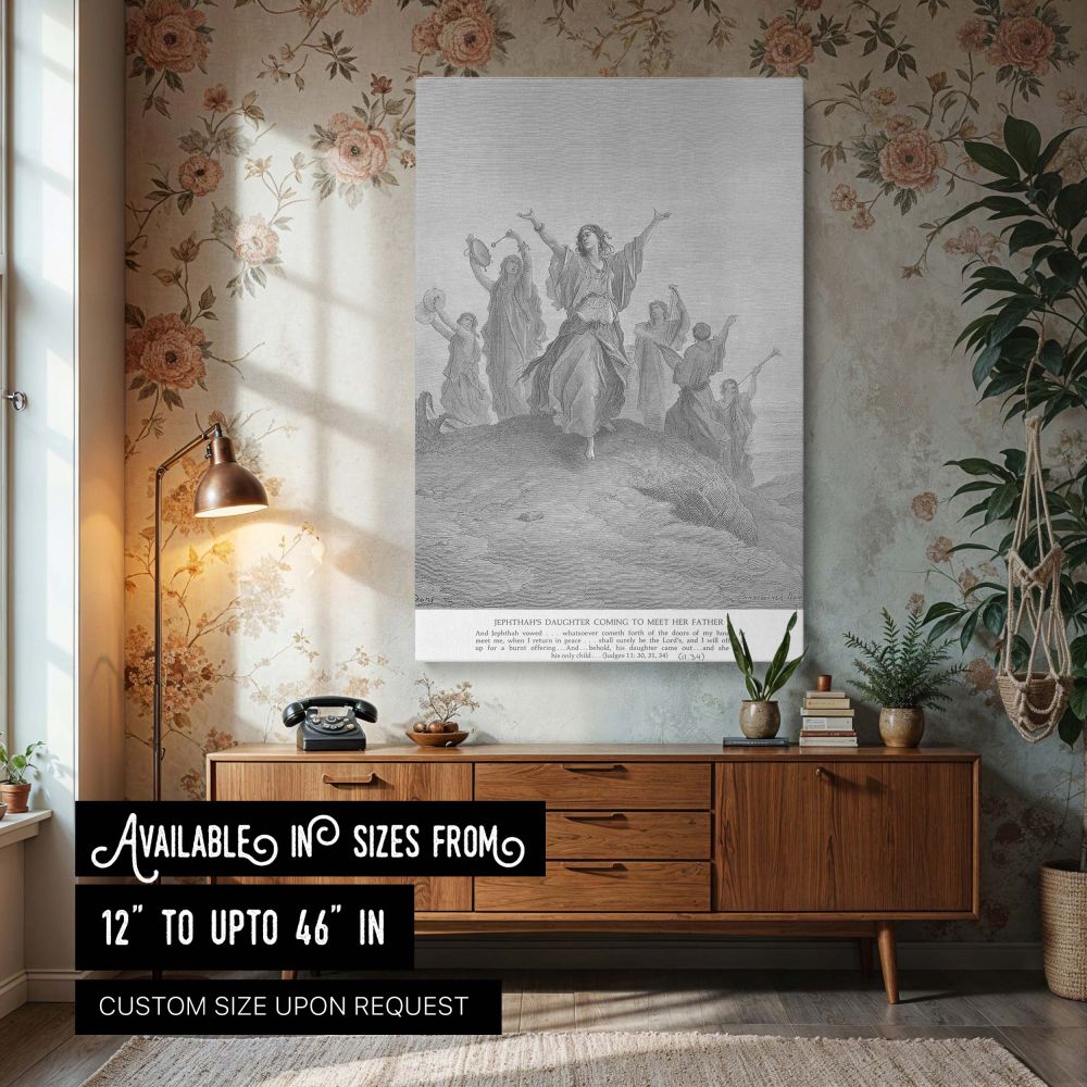A powerful biblical scene by Gustave Dore depicting Jephthah's daughter dancing joyfully with her companions, unaware of her fate. This grayscale wall canvas print captures the moment with dramatic lighting and flowing garments, ideal for a chapel, living