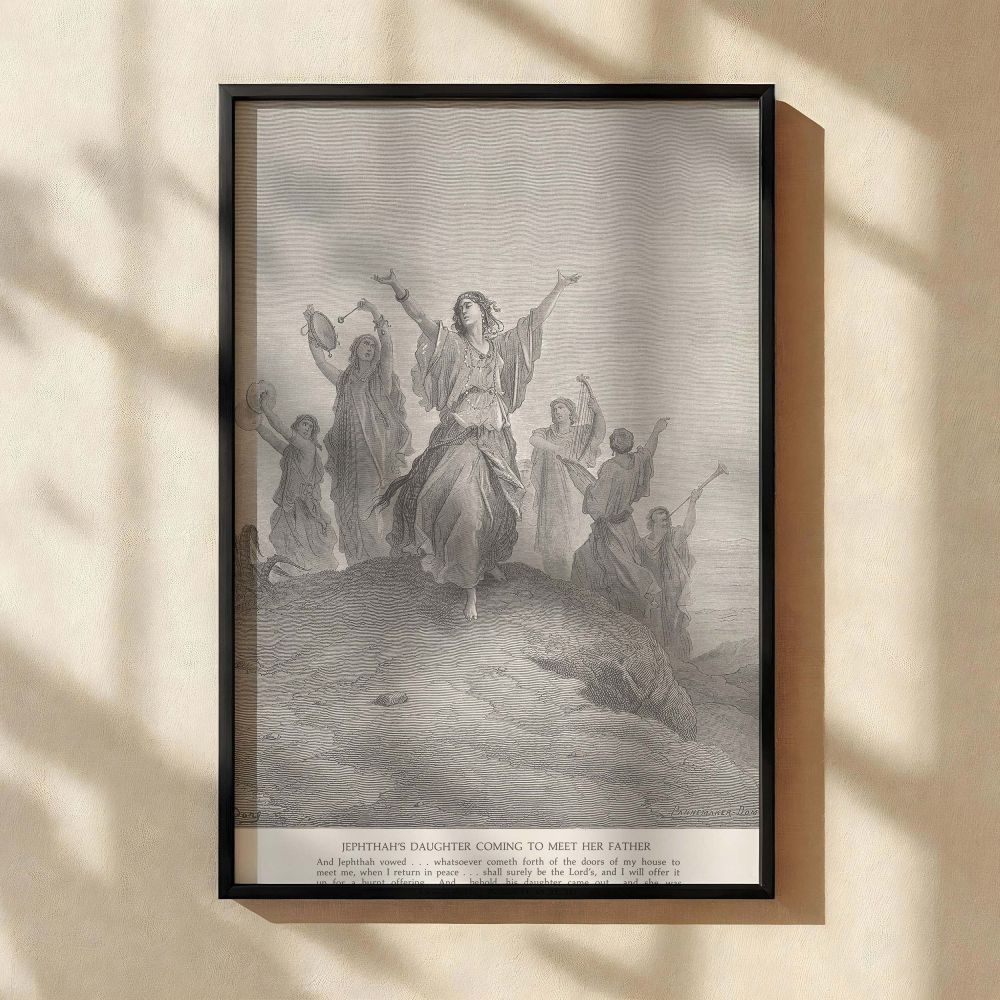 Emotional and spiritual, this canvas wall art features Gustave Dore's black and white engraving of Jephthah's daughter welcoming her father with joy and dance. The expressive motion, historic detail, and religious symbolism make it a meaningful addition t