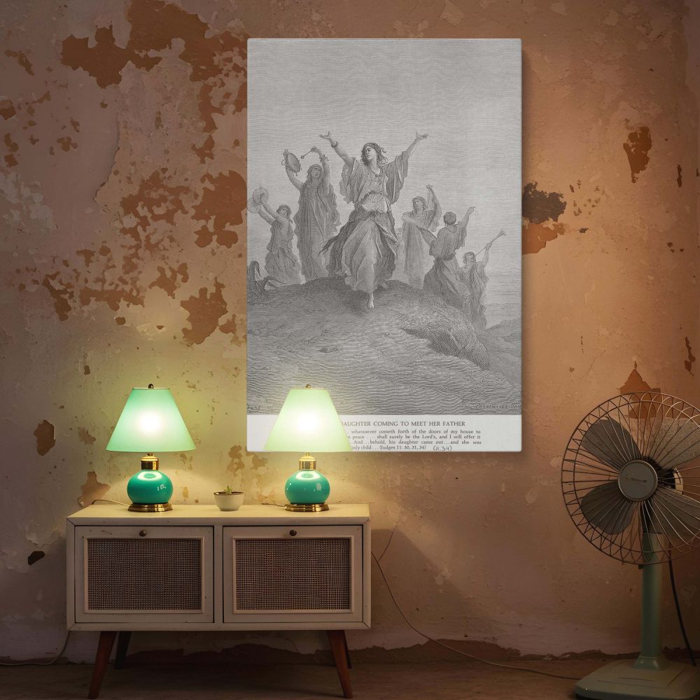 Dore's depiction of a joyful yet tragic biblical scene makes for a profound canvas wall print. Jephthah's daughter dances with raised arms as her fate looms-rendered in fine detail and perfect for spaces that celebrate scriptural reflection and historic a