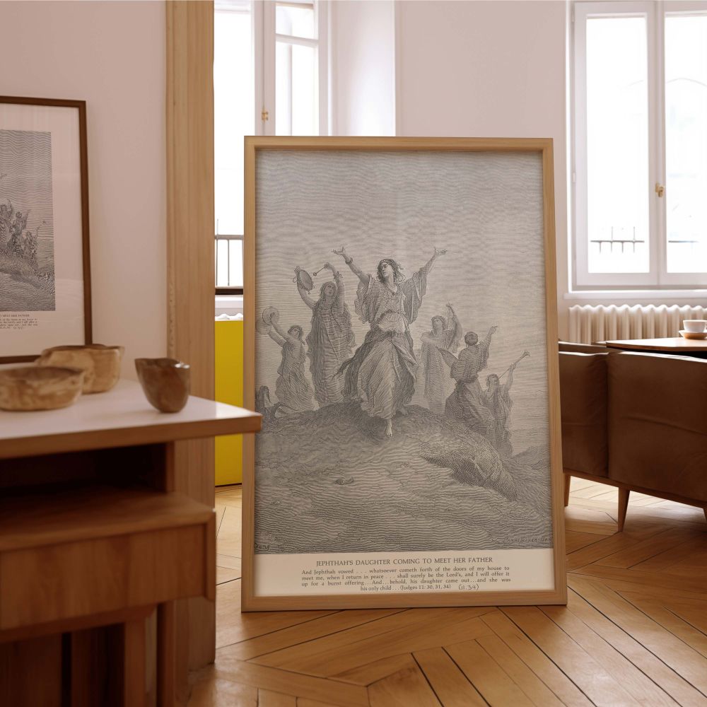 Gustave Dore's masterful engraving of Jephthah's daughter brings out the deep pathos of this Old Testament narrative. The wall canvas design transforms the moment into a contemplative centerpiece for homes, theological offices, or devotional spaces.