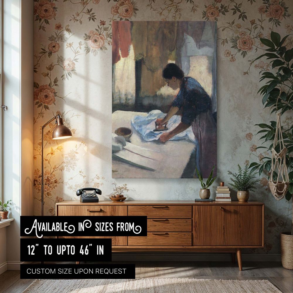 Canvas wall print of Edgar Degas's Woman Ironing, portraying a woman mid-task with iron in hand, bending over a table draped in white fabric. The background is filled with soft textures of hanging laundry in muted yellows, purples, and warm neutrals. The 