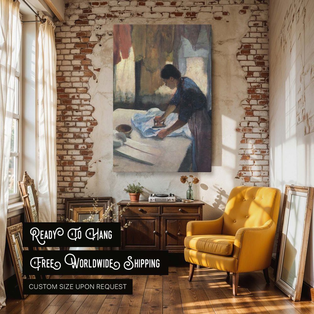 Canvas wall art of Degas's Woman Ironing featuring a woman in motion as she presses a pale shirt on a work table. Surrounded by gently hanging garments, the soft glow of daylight and Degas's subtle brushwork turn this domestic task into an artwork filled 