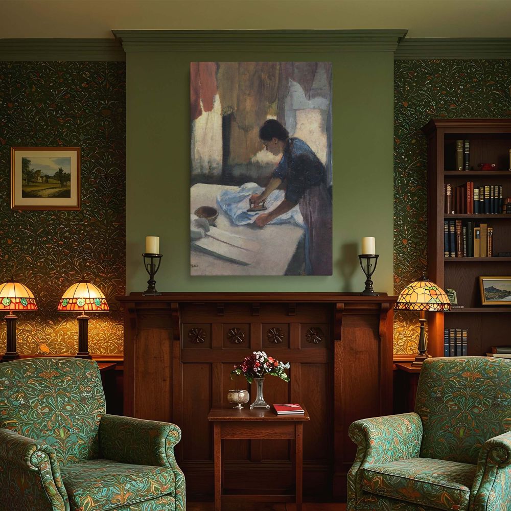 Fine art canvas print of Woman Ironing by Edgar Degas, a tender look at a woman focused on her task amid a sunlit room filled with hanging laundry. The artwork uses gentle hues-dusty rose, cream, and blue-to create a peaceful domestic setting. This painti