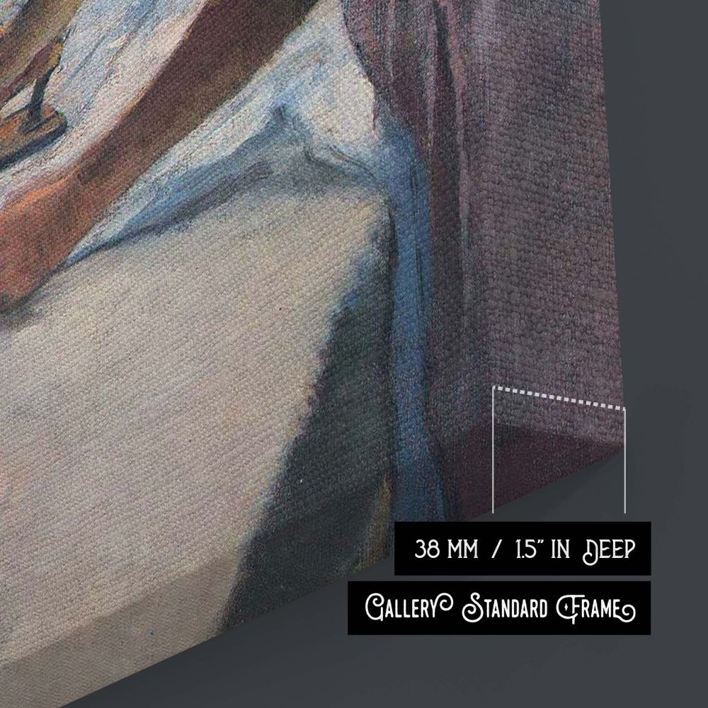 Canvas wall print of Woman Ironing featuring a woman in mid-gesture, with one hand pressing the iron and the other guiding soft fabric across the table. The hanging linens in the background create visual softness while the lighting adds warmth and dimensi