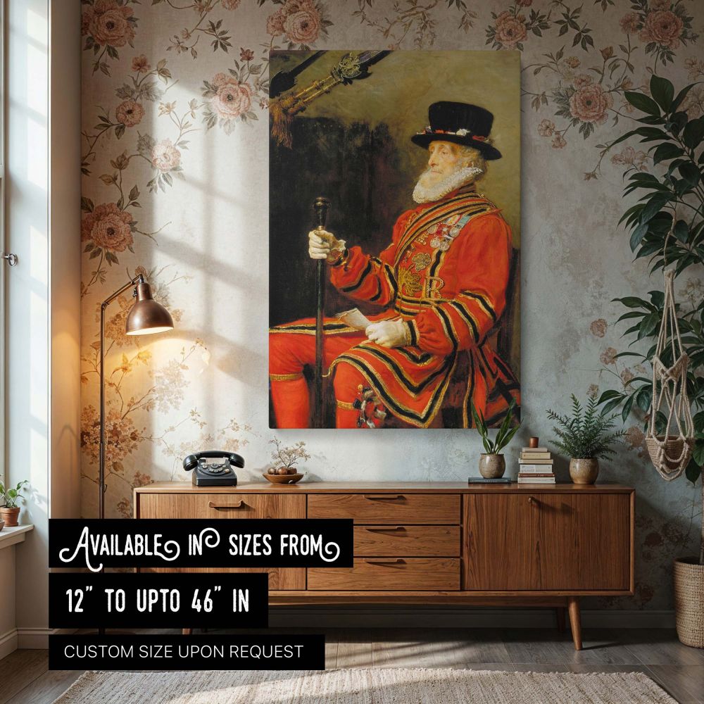 Canvas wall print featuring Sir John Everett Millais' detailed portrait of a Yeoman of the Guard, seated in vivid red ceremonial attire with gold embroidery and black hat. His dignified posture, white beard, and decorated uniform reflect national pride an