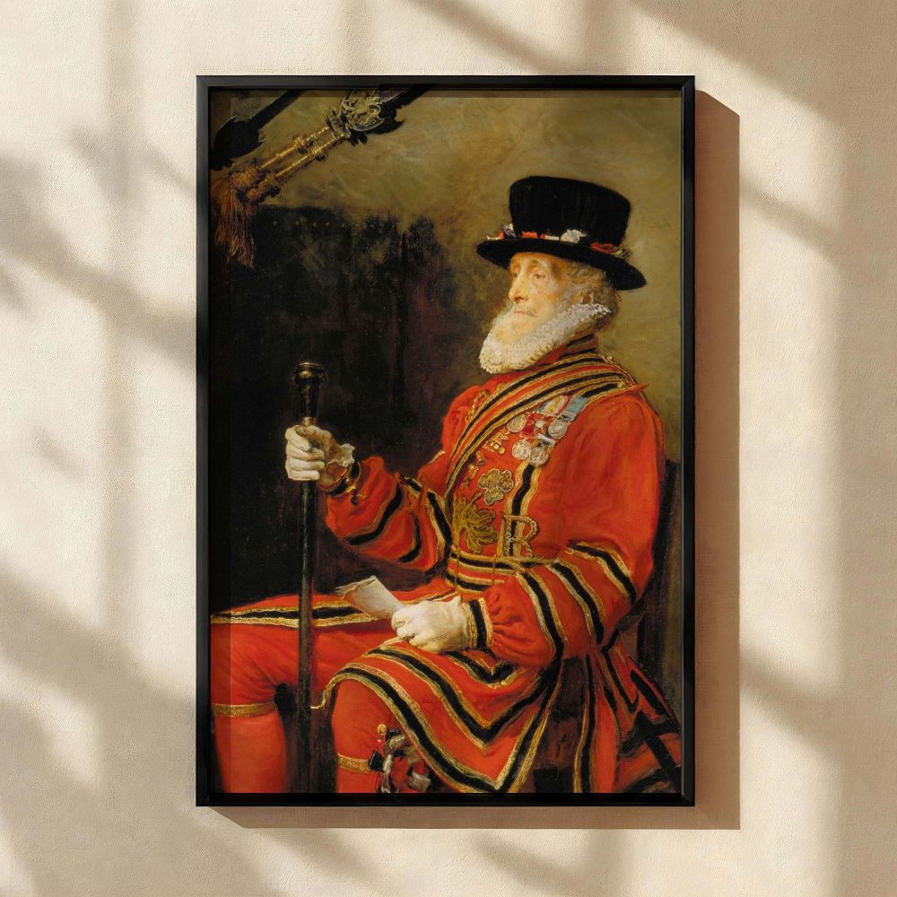 Historical canvas wall art of a British royal guard seated with dignity, from Sir John Everett Millais' painting 