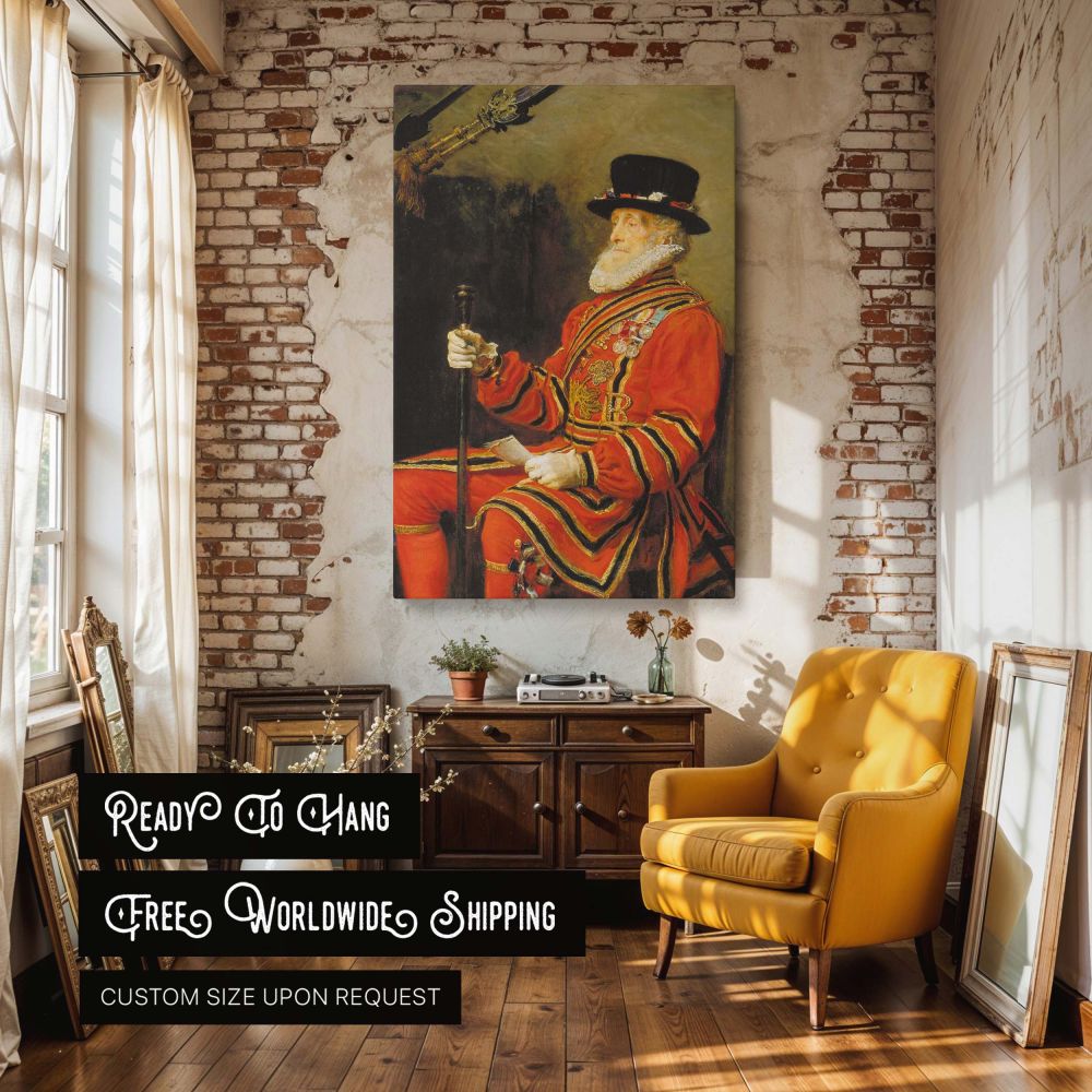 Wall canvas featuring a Beefeater in red and gold livery by Sir John Everett Millais. The figure sits confidently, holding a ceremonial staff and paper, embodying tradition, discipline, and legacy. His formal attire includes intricate embroidery and medal