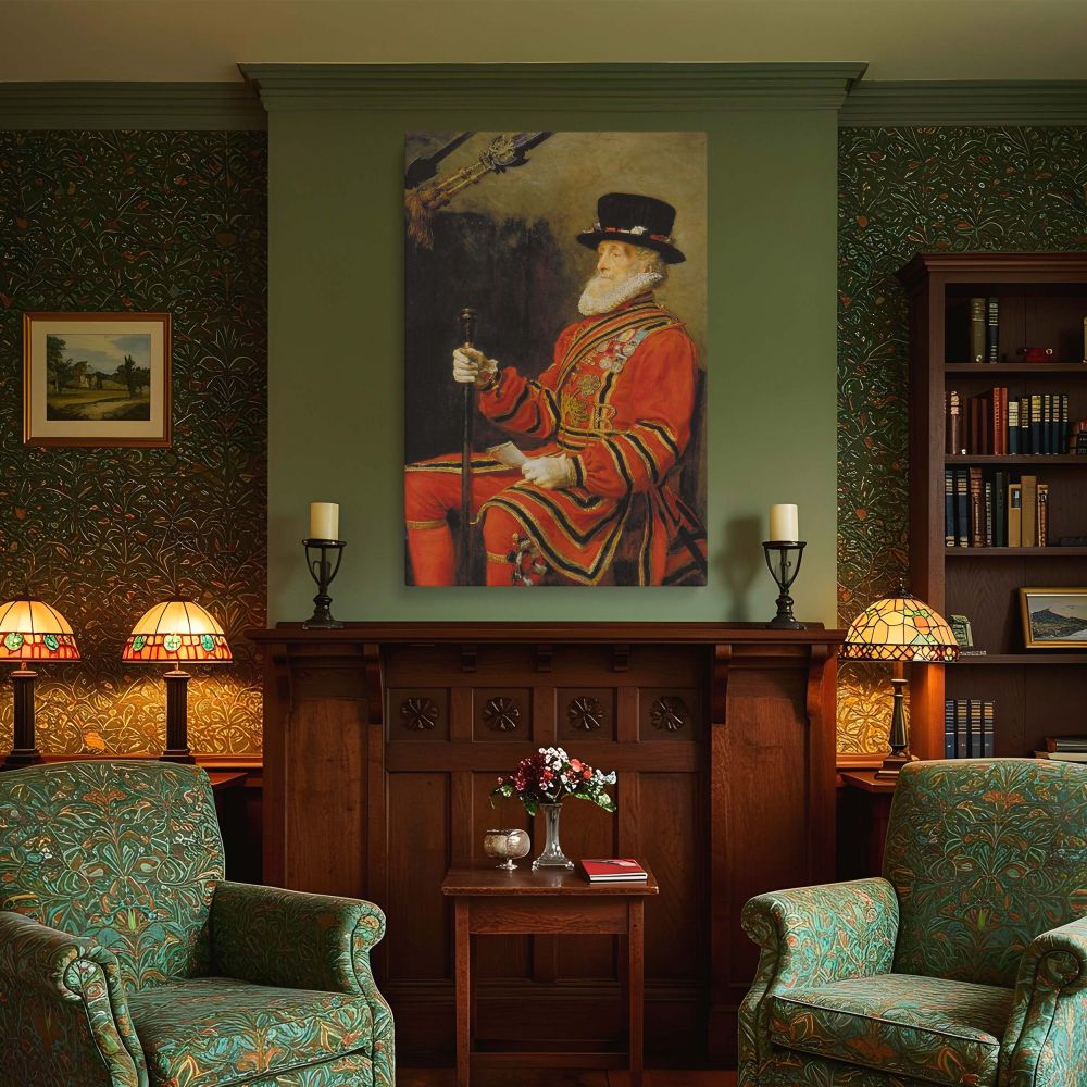 Portrait wall canvas of a seated Yeoman of the Guard, created by Sir John Everett Millais, rendered in red and black with brilliant gold detailing. The subject holds a staff in one hand and a letter in the other, symbolizing duty and honor. The artwork ca
