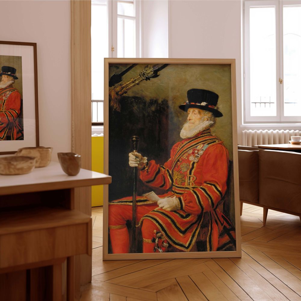 Detailed wall canvas of an English royal guard seated with poise in bright red attire, as painted by Sir John Everett Millais. The Beefeater's decorated chest, ornate sleeve trims, and gloved hands emphasize the grandeur of Victorian regalia. This strikin