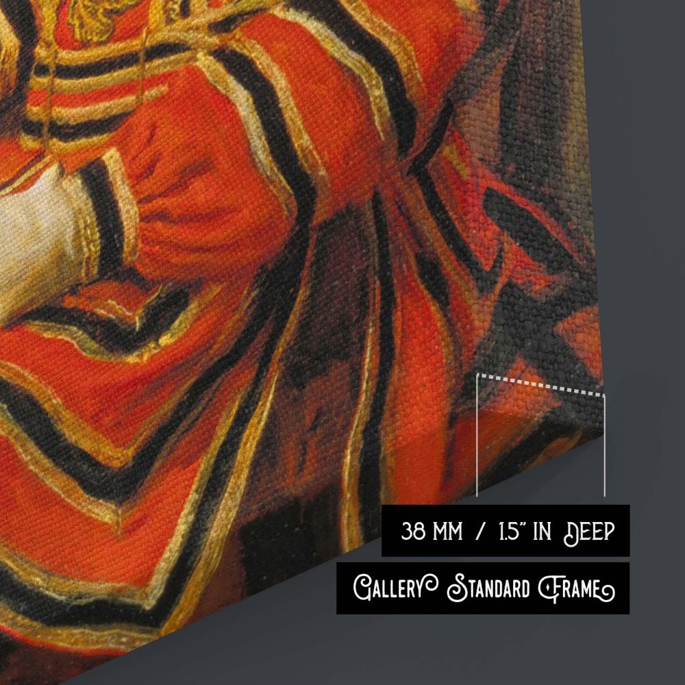 Canvas wall print showing Sir John Everett Millais' depiction of a ceremonial Yeoman seated in profile. Clad in crimson with gold trimmings and medaled decorations, the figure exudes honor and experience. The background is subtly toned to highlight the ri