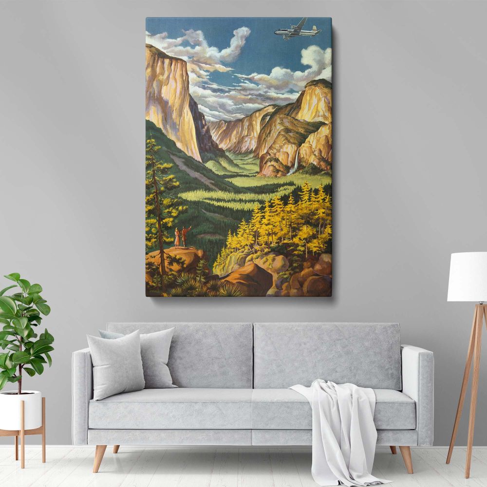 Scenic Yosemite National Park vintage travel poster, reproduced as a high-quality canvas wall print, featuring a dramatic landscape with towering cliffs, pine forests, and a classic airplane, a beautiful statement piece for rustic or modern decor.