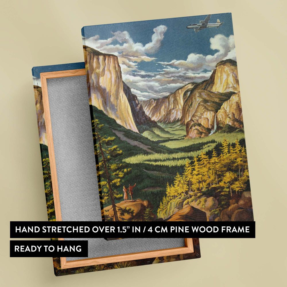 Yosemite National Park United Air Lines travel advertisement, now available as a canvas wall print, showcasing breathtaking cliffs, vibrant natural colors, and a timeless aviation theme, perfect for adventure-inspired home or office decor.