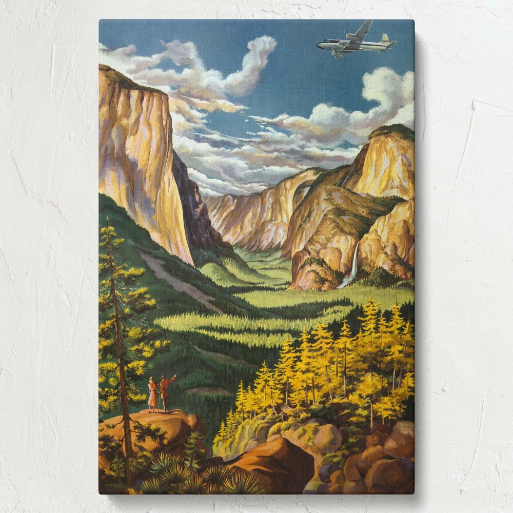 Retro Yosemite travel poster canvas print, an iconic United Air Lines advertisement featuring majestic national park scenery, soaring skies, and lush greenery, a perfect wall art addition for nature lovers and vintage-style interiors.