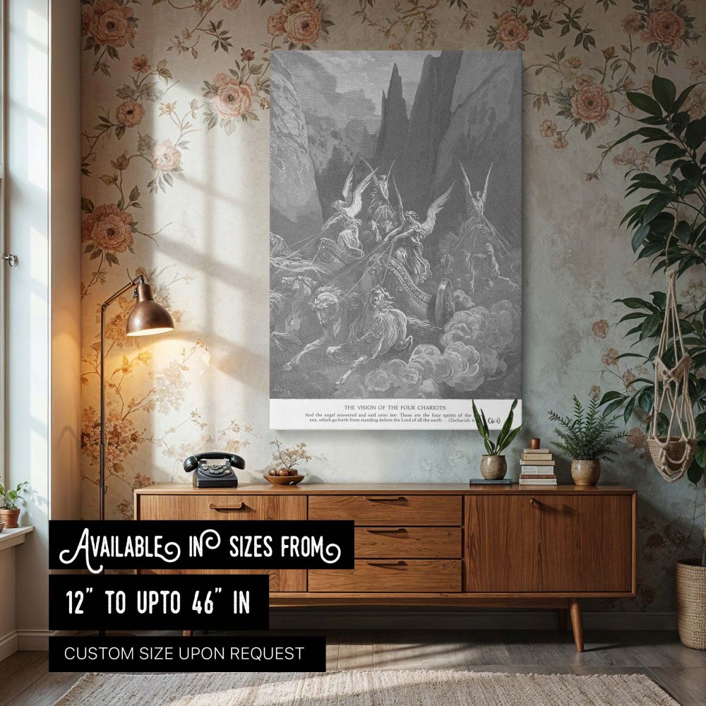 This dramatic wall canvas depicts Gustave Dore's engraving of Zechariah's vision of four chariots driven by angelic figures through a mountainous valley. The winged beings control divine horses that gallop forward through clouds and dust, representing the