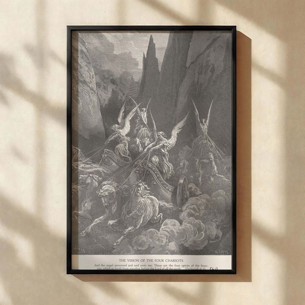 Featuring divine chariots charging across a rocky pass, this wall canvas captures Zechariah's vision as illustrated by Gustave Dore. Four winged riders guide powerful horses through smoke and light, their forms etched in crisp monochrome detail. The scene