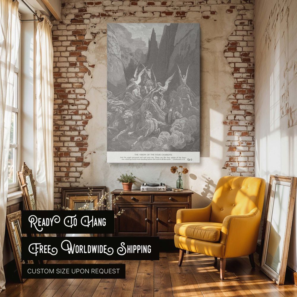 This wall canvas reproduces Gustave Dore's depiction of Zechariah's vision of four chariots, each led by majestic horses and heavenly messengers. The grayscale artwork emphasizes speed, light, and divine intent, with dramatic skies and looming cliffs surr