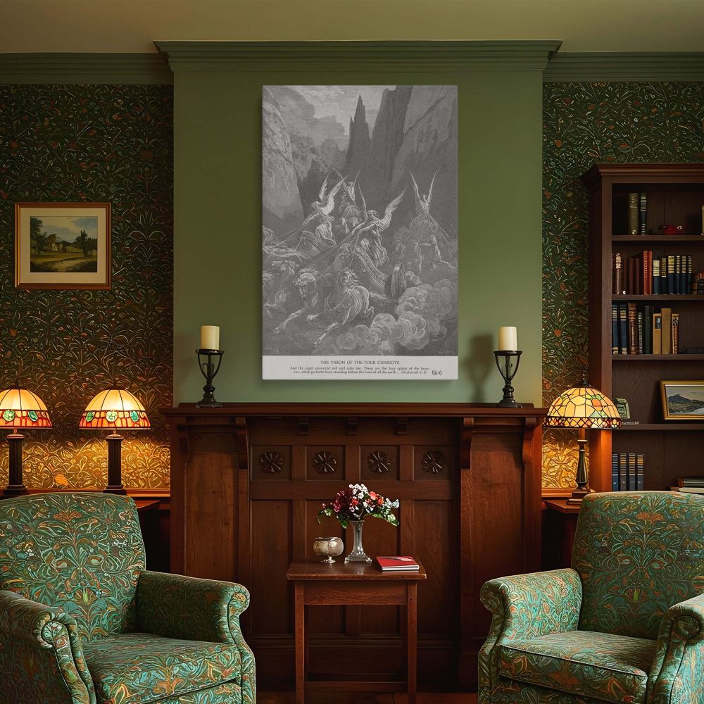 Dore's engraving of Zechariah's vision is brought to life in this canvas print featuring four chariots pulled by galloping horses led by angelic hosts. The riders guide their chariots through a canyon of smoke and stone, rendered in beautiful black and wh