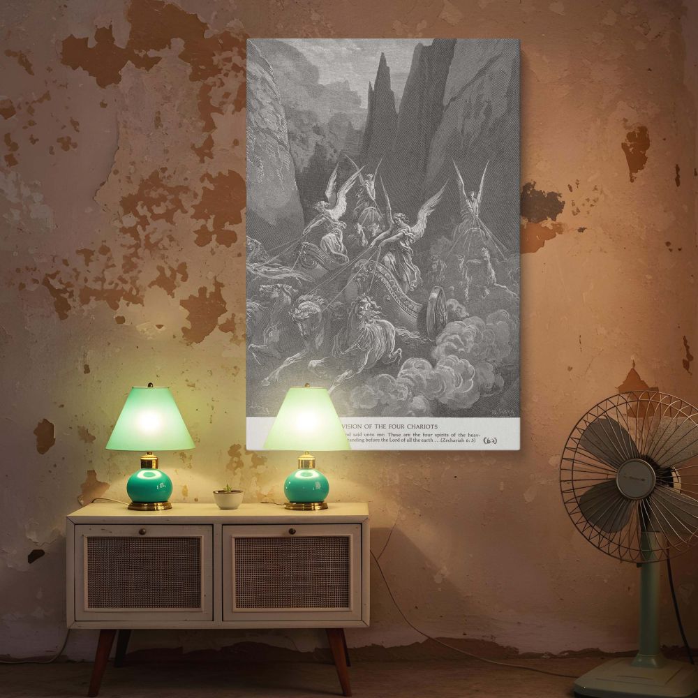 This grayscale wall canvas presents Zechariah's vision of four chariots racing through a divine mountain pass, captured by Gustave Dore in fine engraving. Winged riders command horses that surge forward, stirring clouds and energy. The dramatic compositio