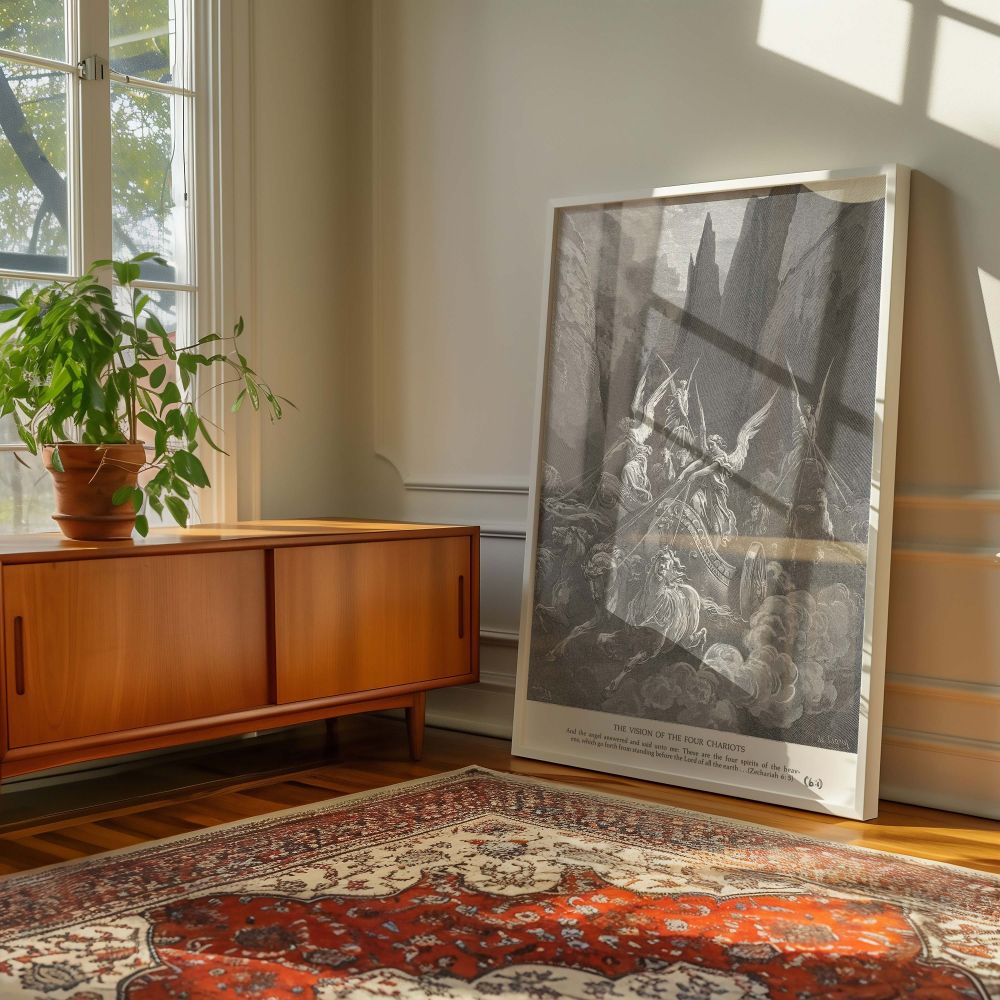 Gustave Dore's powerful illustration of Zechariah's vision is printed on this dramatic wall canvas. With four chariots driven by winged messengers, the horses race through a landscape wrapped in clouds and stone pillars. The monochrome tones provide contr