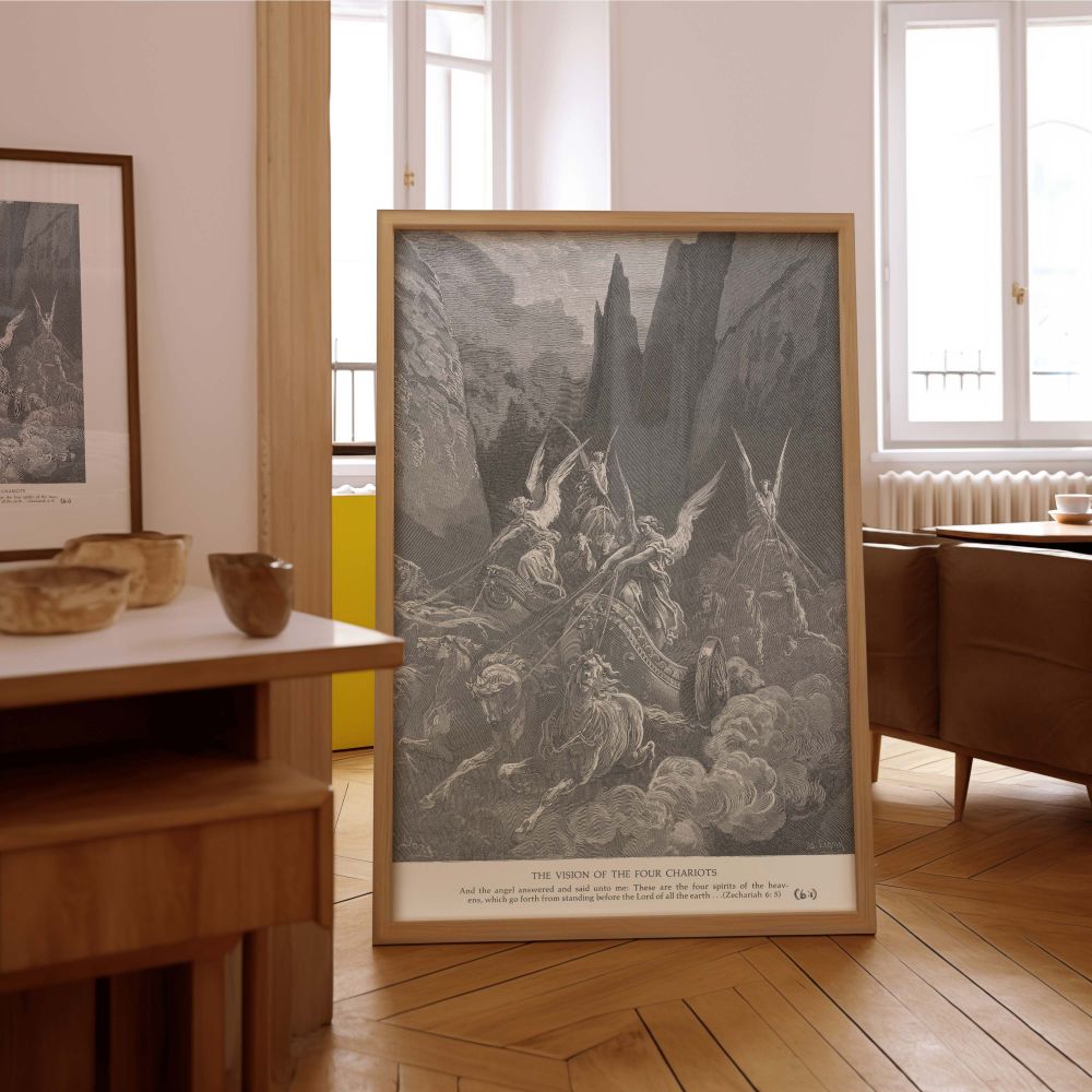 This striking Dore canvas features the angelic procession of Zechariah's vision, where four divine chariots ride through a rugged canyon. Each chariot is pulled by heavenly horses and driven by winged figures, all surrounded by dynamic smoke. The finely d
