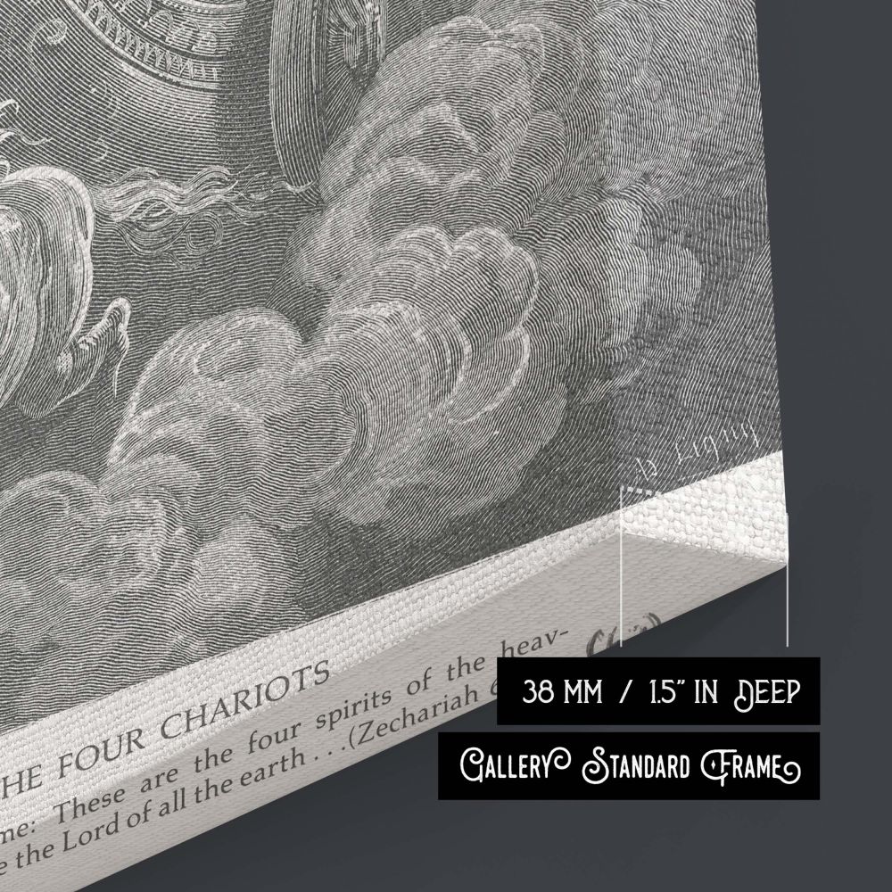 This monochrome canvas displays Zechariah's prophetic vision of four chariots pulled by divine horses, their motion frozen in Gustave Dore's dramatic engraving. The riders' wings and the curling smoke emphasize the celestial movement, giving the image bot