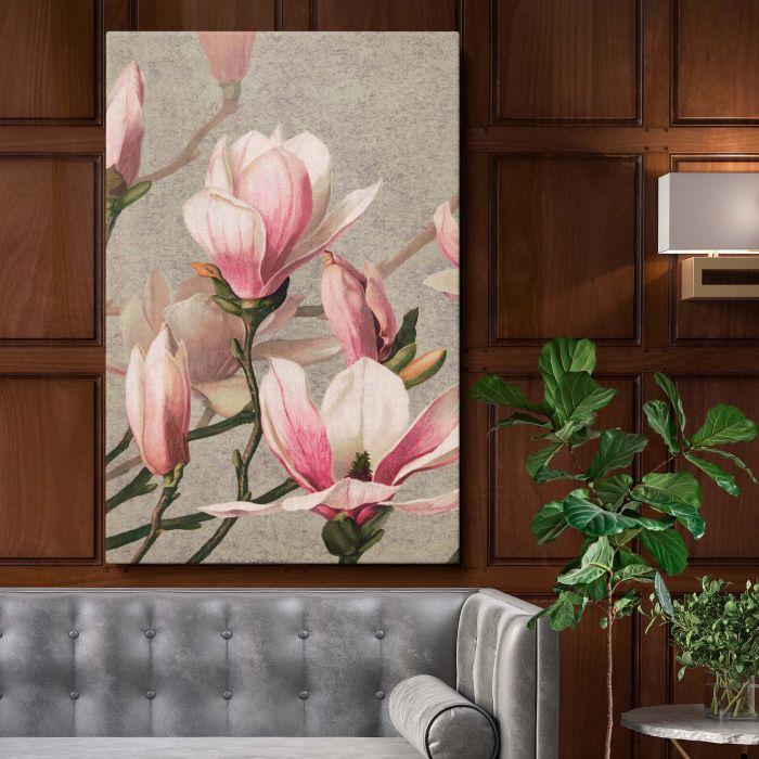 Magnolia - Soft Pink Blossoms on Gray Background By L. Prang & Co. canvas wall art