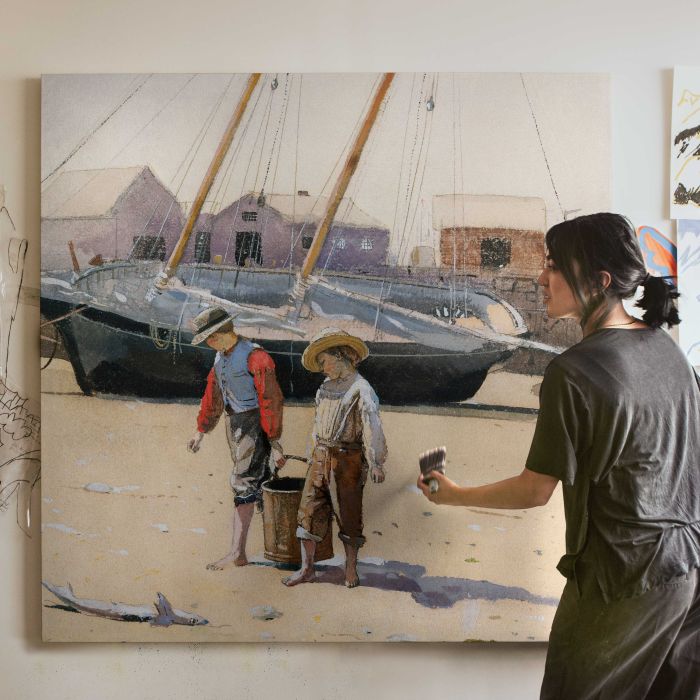 A Basket of Clams (1873) by Winslow Homer canvas print, canvas shown with a person for scale