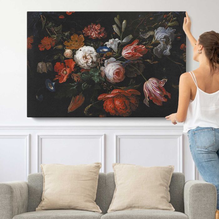 A Garland of Flowers by Abraham Mignon canvas print, canvas shown with a person for scale