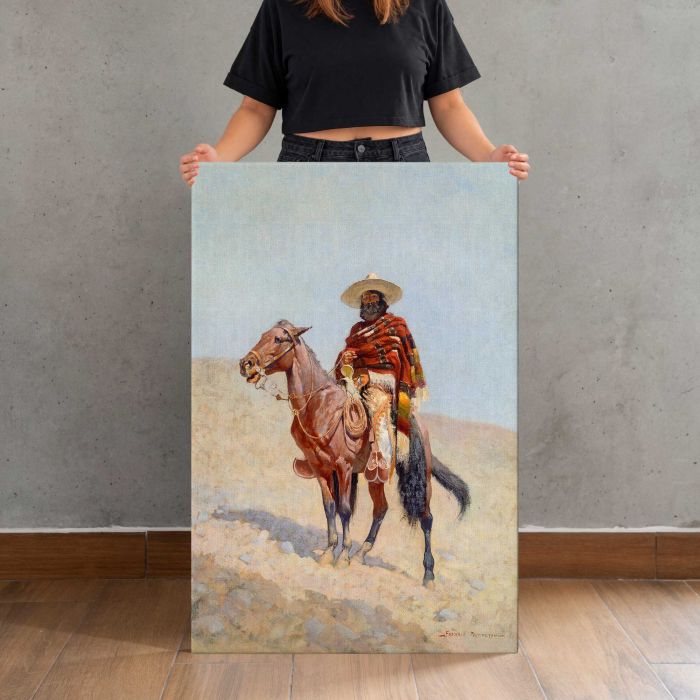 A Mexican Vaquero (1890) by Frederic Remington canvas print, canvas shown with a person for scale