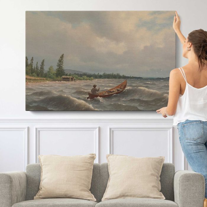 A savo boat on a lake, 1879, by Ferdinand von Wright canvas print, canvas shown with a person for scale