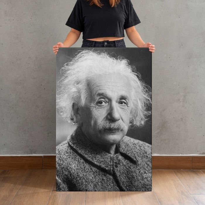 Albert Einstein in Monochrome canvas print, canvas shown with a person for scale
