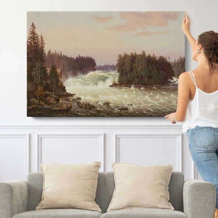 Anjalankoski rapids, 1867, by Ferdinand von Wright canvas print, canvas shown with a person for scale