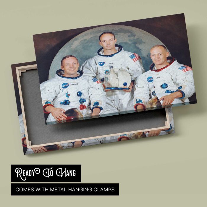 Apollo 11 Crew Portrait — Armstrong, Collins and Aldrin canvas print, canvas reverse and frame view