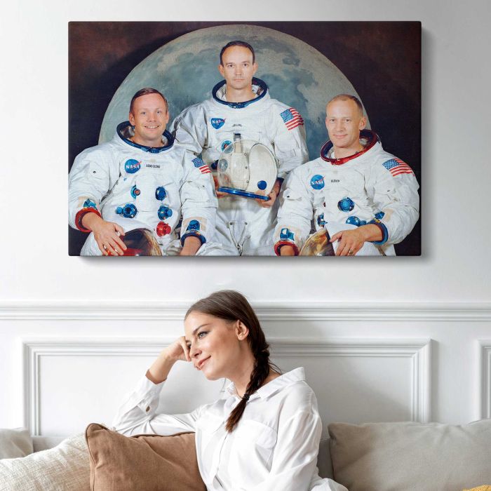 Apollo 11 Crew Portrait — Armstrong, Collins and Aldrin canvas print, interior display view