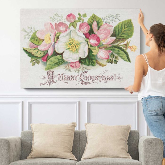 Apple Blossom Merry Christmas canvas print, canvas shown with a person for scale