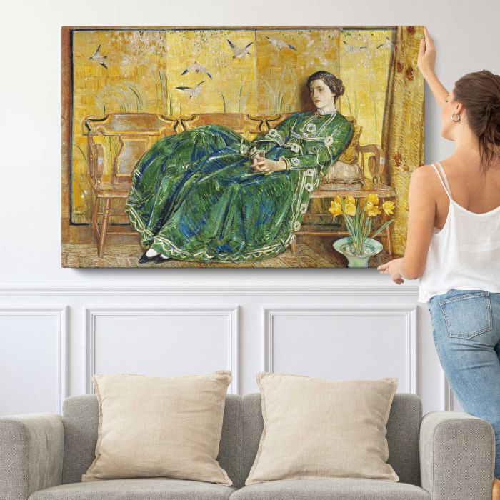 April (The Green Gown) (1920) by Frederick Childe Hassam canvas print, canvas shown with a person for scale
