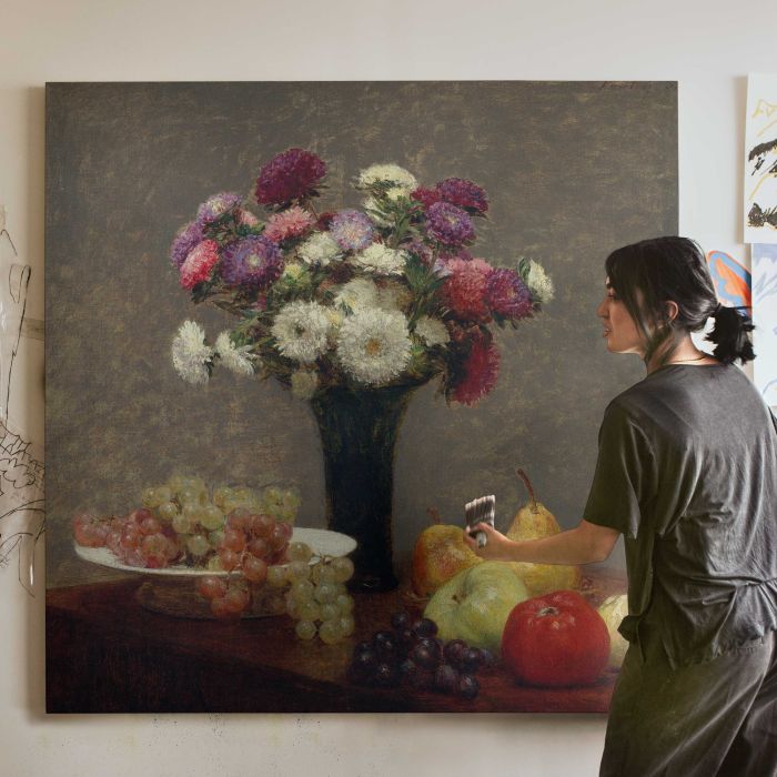 Asters and Fruit on a Table (1868) by Henri Fantin-Latour canvas print, canvas shown with a person for scale
