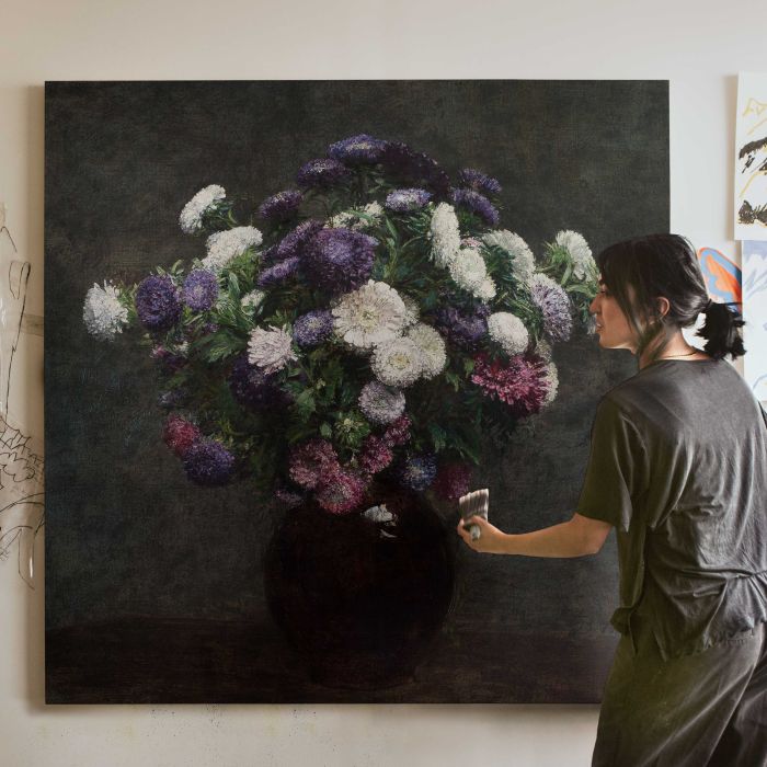 Asters in a Vase (1875) by Henri Fantin-Latour canvas print, canvas shown with a person for scale