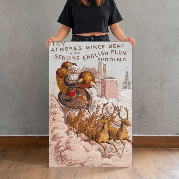 Atmore’s Mince Meat and English Plum Pudding Advertisement canvas print, canvas shown with a person for scale