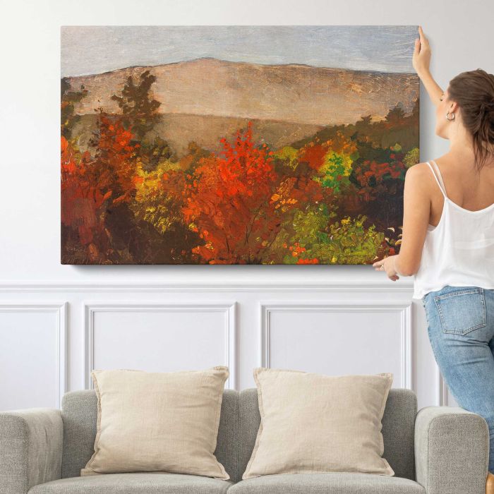 Autumn Treetops (1873) by Winslow Homer canvas print, canvas shown with a person for scale