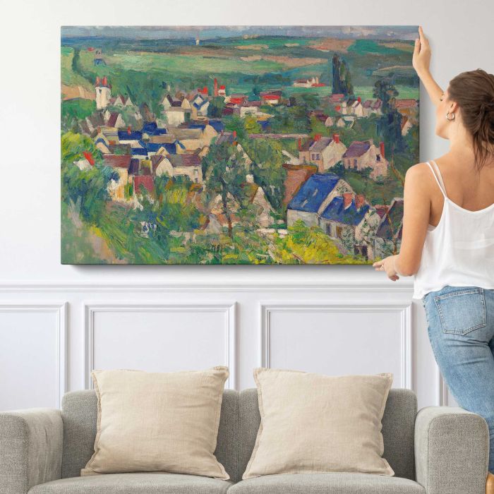Auvers, Panoramic View (ca. 1873–1875) by Paul Cézanne canvas print, canvas shown with a person for scale