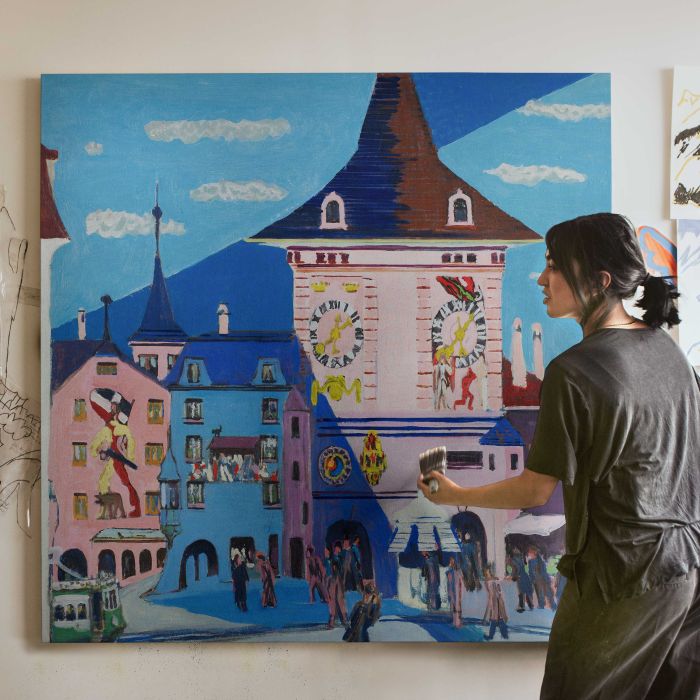 Bern with Belltower (1935) by Ernst Ludwig Kirchner canvas print, canvas shown with a person for scale