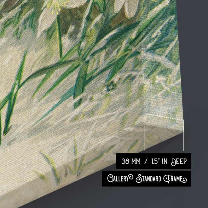 Birds beneath white flowers in winter canvas print, canvas surface and edge detail