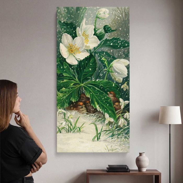 Birds beneath white flowers in winter canvas print, interior display view