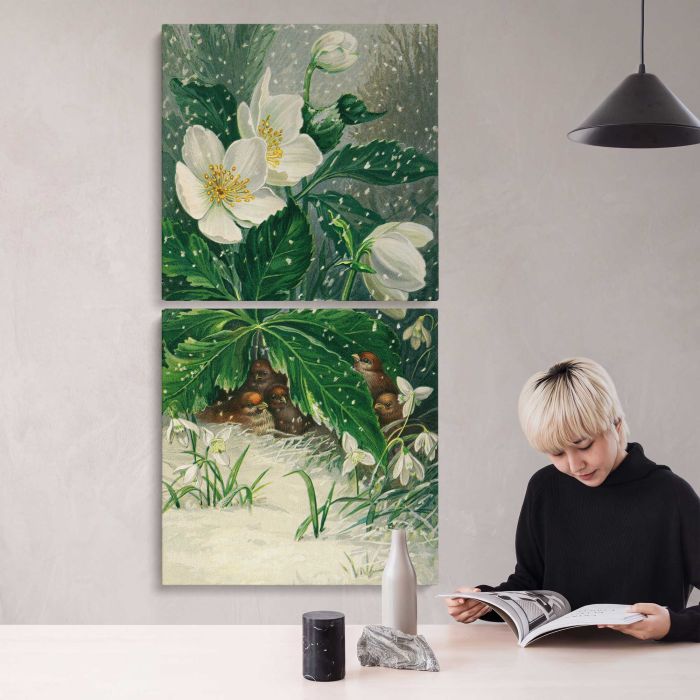 Birds beneath white flowers in winter canvas print, interior display view