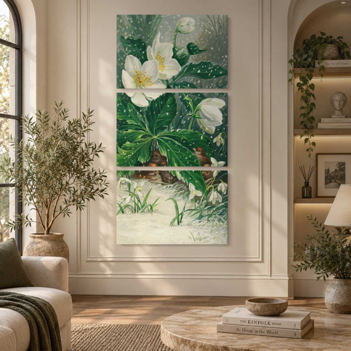 Birds beneath white flowers in winter canvas print, interior display view