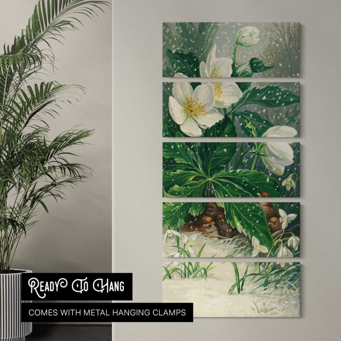 Birds beneath white flowers in winter canvas print, interior display view
